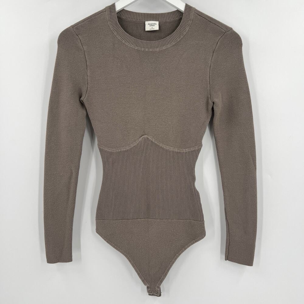 Abercrombie & Fitch Taupe Crew Neck Corset Sweater Bodysuit Stretch Size Small - Picture 3 of 10